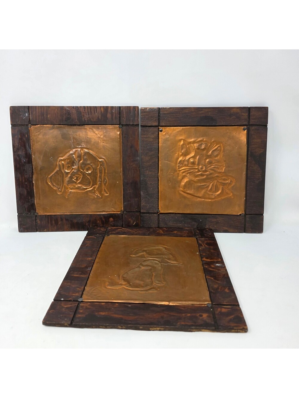 Vintage Copper Dog Cat Wall Plaques Set of 3 Folk Art 8 Inch